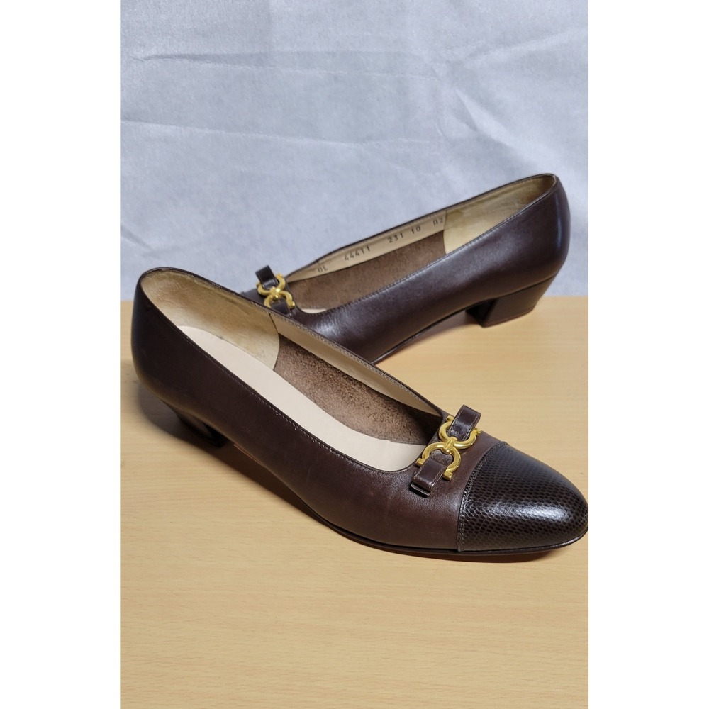 Brown Leather Lizard Print Toe And Gold Buckle Salvatore Ferragamo Shoe Sz 10 AA